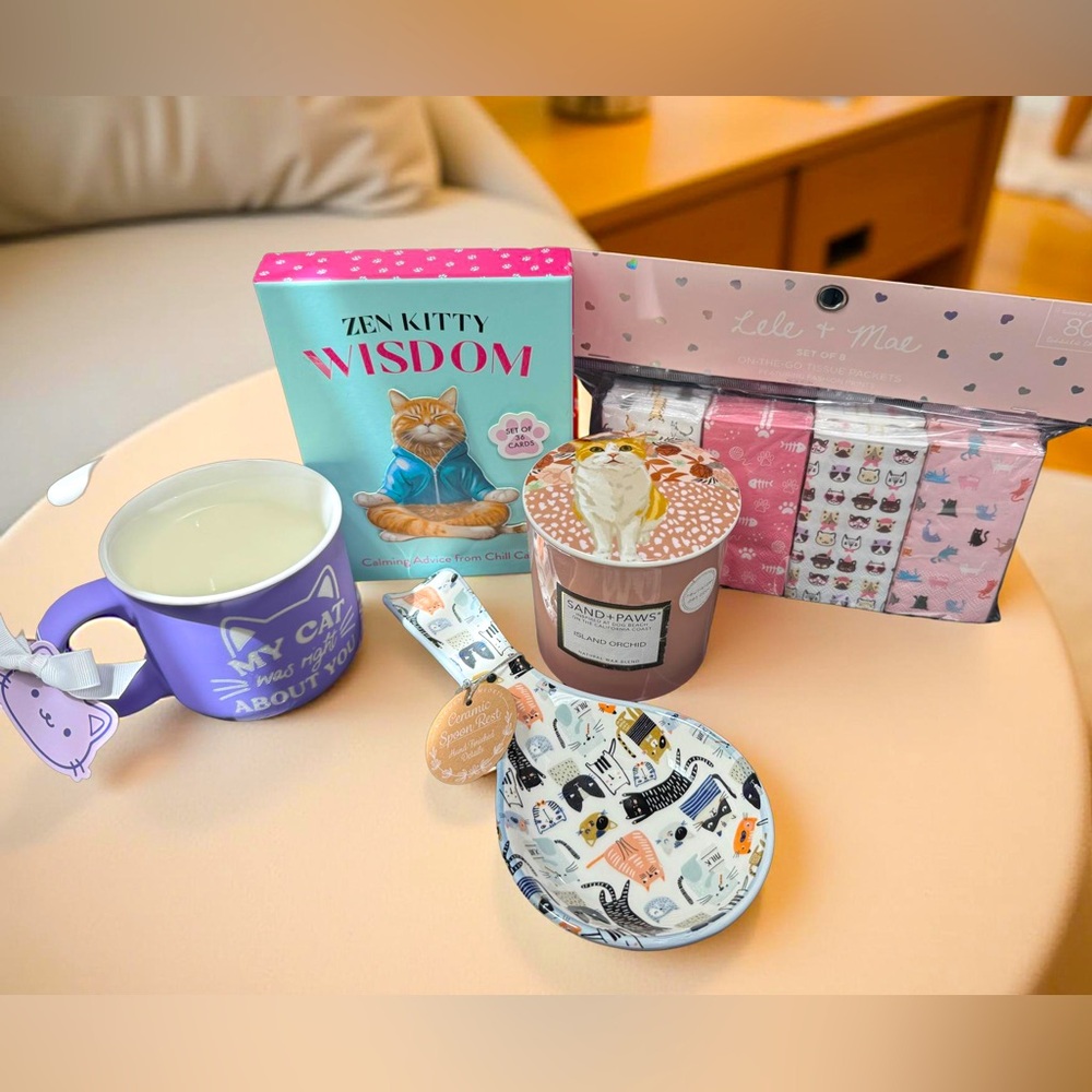Sand+Paws Cat-Themed 5 Piece Set NWT Candle Kleenex Spoon Rest Mug Wisdom Cards